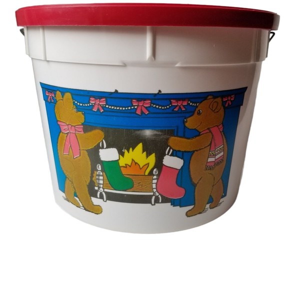 Vintage Christmas Bucket w Lid metal handle Holiday Shamrock Ind 5 Qt Teddy Bear - Picture 11 of 11
